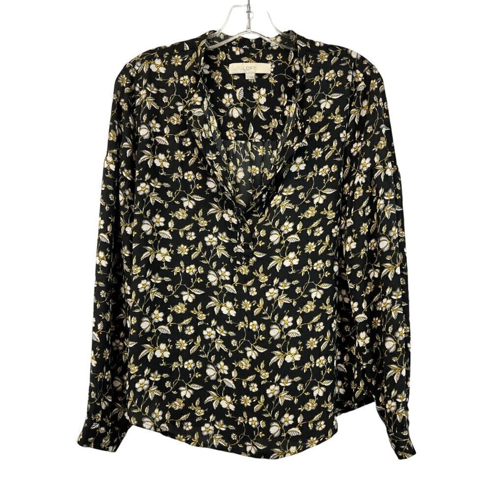 Loft Long Sleeve Pullover Blouse Black/Multi Floral Womens Size XS Lightweight
